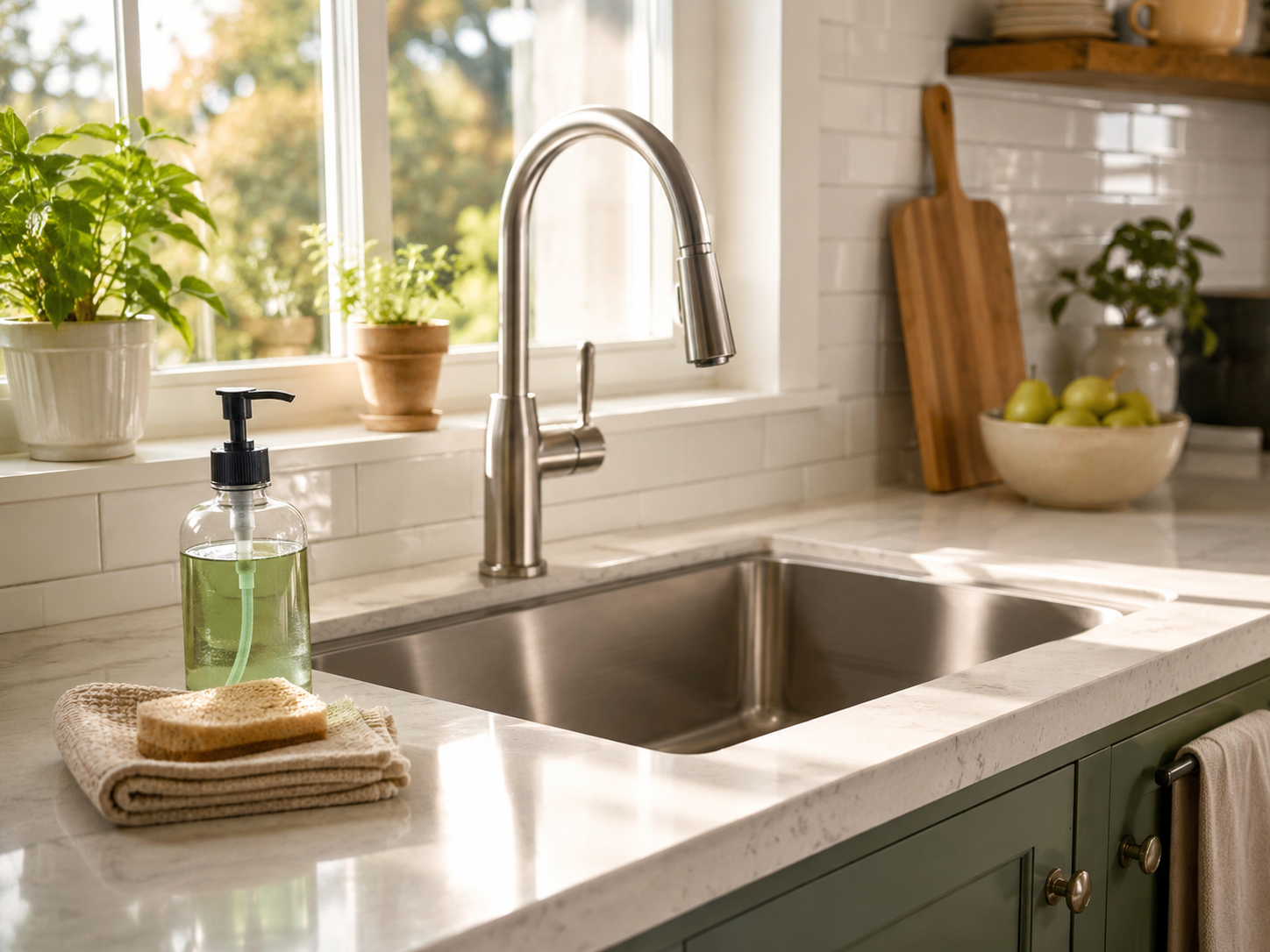 Clean kitchen sink with dish soap down the drain maintenance idea